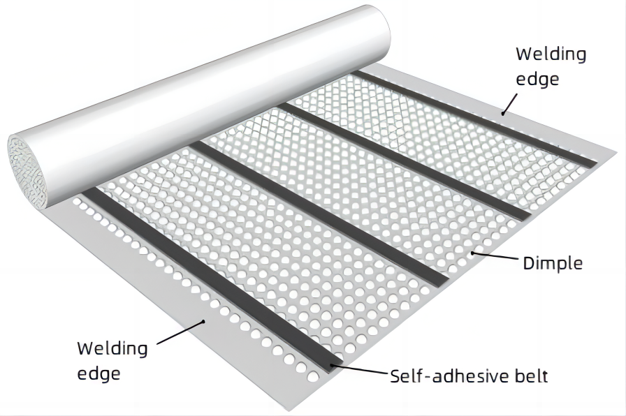 ADB Self-adhesive PE Waterproofing Drainage Board1 Placa de drenagem de impermeabilização PE autoadesiva ADB1