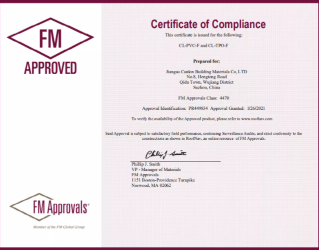 CANLON Internacional |As membranas CL-PVC/CL-TPO são aprovadas pela US FM